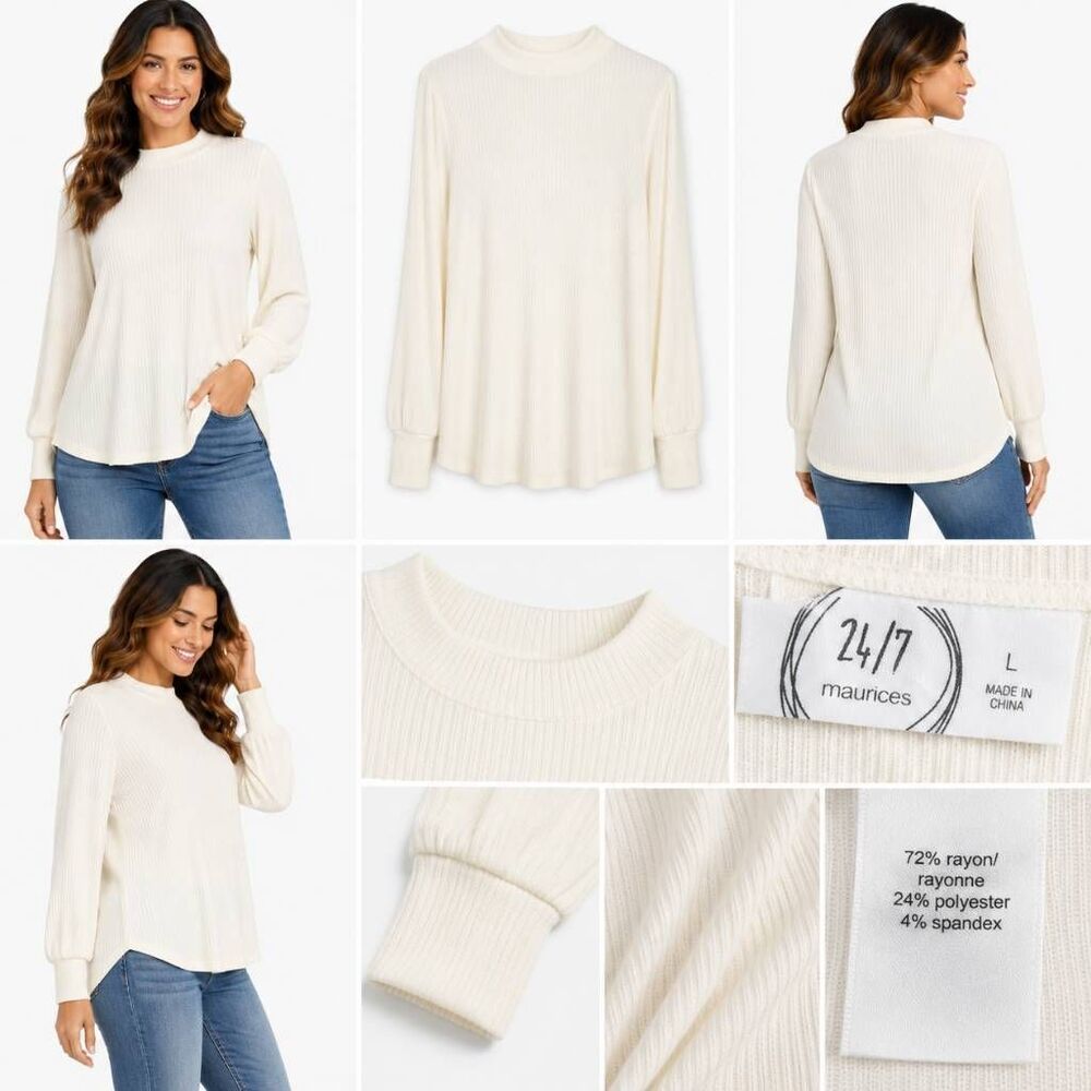 Maurices 24/7 Cream Ribbed Mock Neck Top Size L